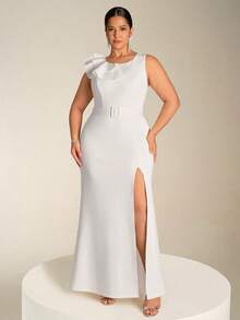 Fuaheng 不对称荷叶边无袖收腰开衩下摆晚礼服 - 白色 - 查看 5