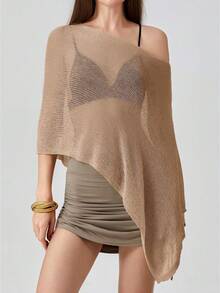 Women's Y2k Sheer Poncho Top, Lightweight Cover-Ups Crochet Shrug Bolero Mesh Knit,See-Through Off Shoulder Solid Irregular Knitted Loose Pullover,Batwing Sleeve Sweater Cover Up Beachwear,Boho Aesthetic Beach Going Out Streetwear,Spring To Summer Outfits,Rave Outfit,Concert Outfit,Summer Vacation Outfits - 淺棕色 - 查看 1