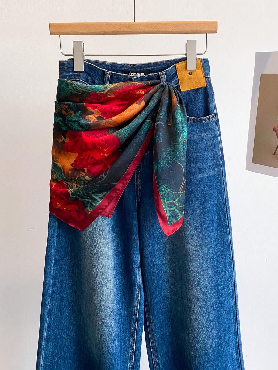 1条女士红色围巾，欧美风休闲头巾，70厘米方形方巾，装饰性颈巾，派对礼物 - 紅藍色 - 查看 1