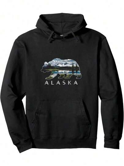 Sudadera con capucha gráfica de oso de Alaska y aurora boreal para hombres - Sudadera casual de todas las estaciones con diseño de vida silvestre del estado de Alaska