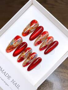 纯手工制作可佩戴美甲片，椭圆形；手绘油画敦煌红新年美甲，个性化秋冬美甲，简约设计，全覆盖假指甲，Y2K美甲，独特小众创意假指甲，日常美甲，现代风格美甲，可拆卸可重复使用。美甲用品，手工按压式美甲片 - 彩色 - 查看 5