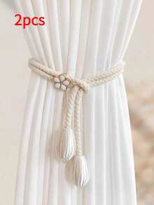 New Elegant Floral Curtain Tiebacks - Adjustable, 4 Colors (Pink, Blue, White, Champagne) Available, Graceful Wheat Flower Curtain Tie Backs - Luxury Adjustable, Decorative, Suitable For Bedroom And Dining Room, Modern Style, Golden Trim, Curtain Decor | Floral Decor |, With Tassels, Polyester Rope, Bedroom And Dining Room Decor, Living Room Curtains - Multicolor - View 15