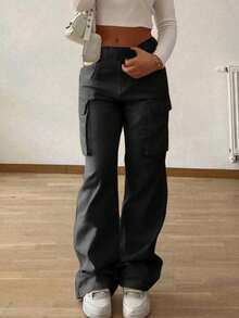 1pc Tween Girl/Teens High Street Design Casual Cargo Pants - Black - View 3