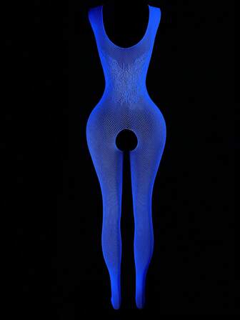 Sexy Lingerie Fluorescent Blue Glow Mesh Bodystocking White Daylight Color One-Piece Net Jumpsuit With Lace Detail And Crotchless Design For Party Nightclub And Festival Wear