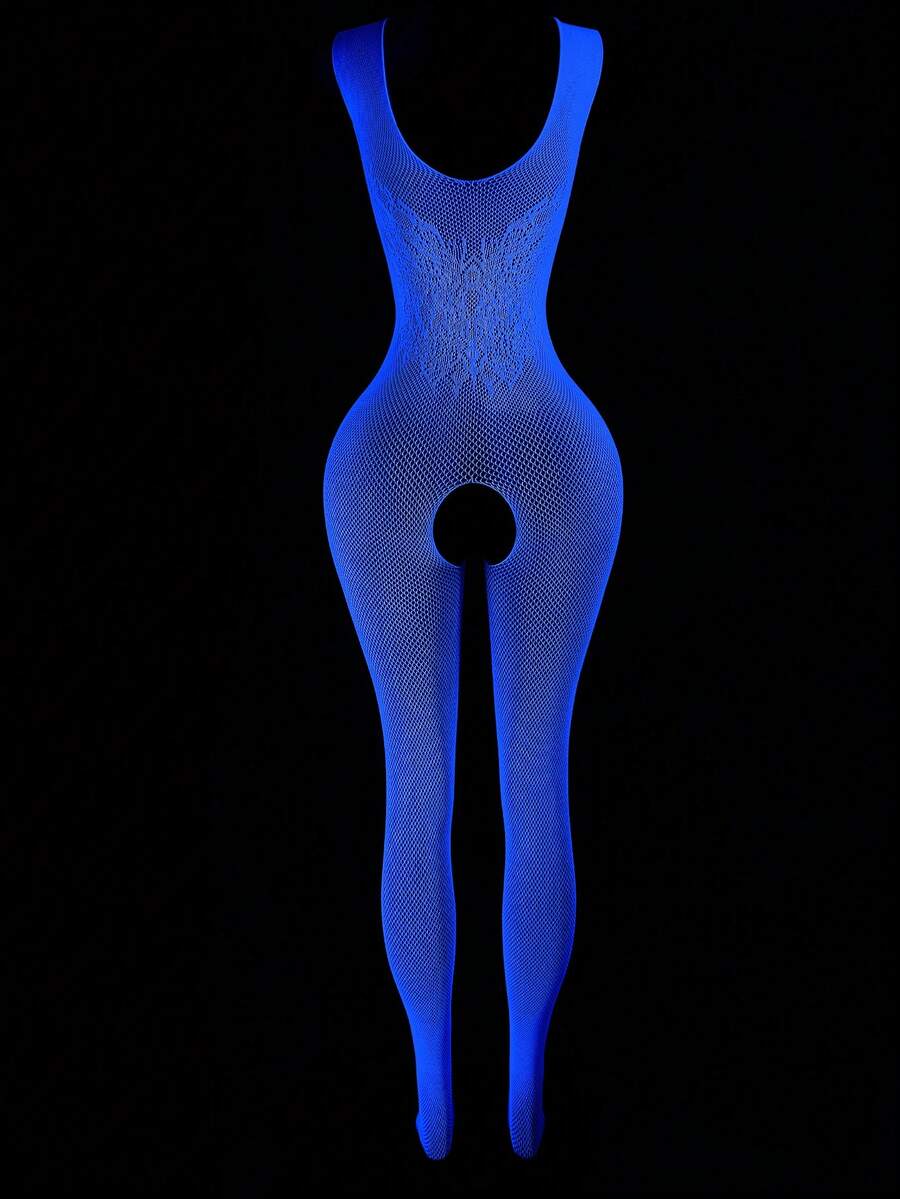 Salopetă sexy din plasă fluorescentă, albastru strălucitor, albă, culoarea luminii zilei, dintr-o singură bucată, cu detalii din dantelă și design fără picioare, pentru petrecere, club de noapte și festivaluri - alb - Vizualizare 1