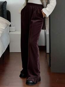 Livesso Pantalones largos de mujer con cintura elástica, parches de terciopelo y dobladillo floral - Café integral - Ver 4