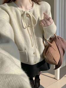 Alicedudu Damen Herbst & Winter Koreanischer Stil Schleife Dicke Loose Strick Cardigan Pullover - Beige - Übersicht 5