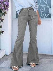Quần jean ống loe cổ điển, viền tua rua, dáng thường ngày (vải cotton pha trộn) dành cho nữ - Xám - Xem 3