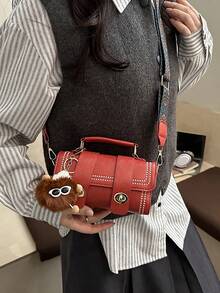 1pc Mini Retro Cylinder Handbag For Women, Daily Use (With Furry Accessory) - Red - View 5
