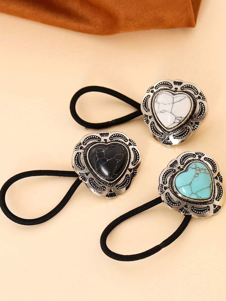 3pcs Zinc Alloy Western Cowboy Cowgirl Style Retro Elegant Turquoise Heart Agate Silvery-Decorated Hair Rope Rubber Band ,Ponytail ,Hair Elastics ,Scrunchies ,Elastic Hair Tie