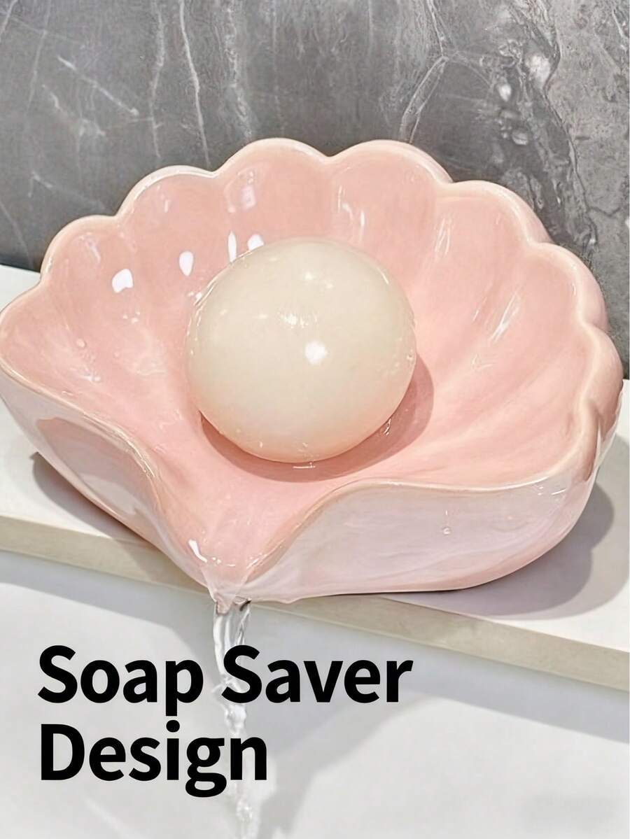 Pink/White Shell Soap Dish – Creative Seashell Tray, Fast-Drain Base, Dorm/Bathroom/Toilet Countertop, Holds Soap Or Keys/Rings/Bracelets, Cute Home & Travel Accessory - Multicolor - View 1