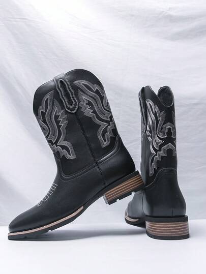 Couple Western Cowboy Boots Unisex | Black Embroidered Mid-Calf Boots | Retro Non-Slip Sole | Stylish Boots For Men & Women - Daily Wear/Street Outfit/Rodeo