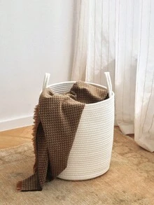 1 chiếc giỏ đựng đồ bằng vải lanh màu trơn, giỏ đựng quần áo bẩn, giỏ đan bằng dây cotton, thích hợp để đựng quần áo bẩn, đồ chơi trẻ em và chăn, phù hợp cho phòng tắm, phòng trẻ em và phòng khách, phong cách mộc mạc, có các kích cỡ S/M/L. - trắng - Xem 3