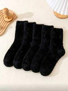 1/3/5 Pairs Autumn/Winter Solid Color Mink Fur Warm Fuzzy Mid-Calf Socks For Women, Couples Winter Floor Socks - Black - View 1