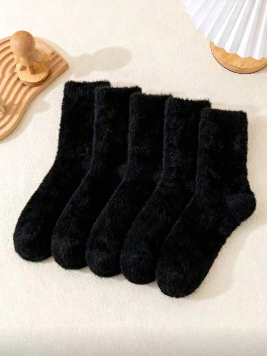 1/3/5 Pairs Autumn/Winter Solid Color Mink Fur Warm Fuzzy Mid-Calf Socks For Women, Couples Winter Floor Socks - Black - View 1