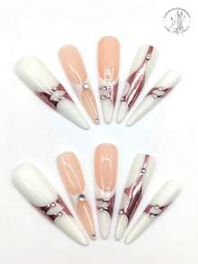 10 Pieces Of Pure Hand-Pressed Wearable Nail, 53mm Long Thin High-Heeled Nail, Pointed Nail, Beige Nail, Flesh-Colored Nail, Rose Gold Coloring, Rhinestone Embellishment. Cute Nail Film. Fake Nail Film. Nails - Multicolor - View 1