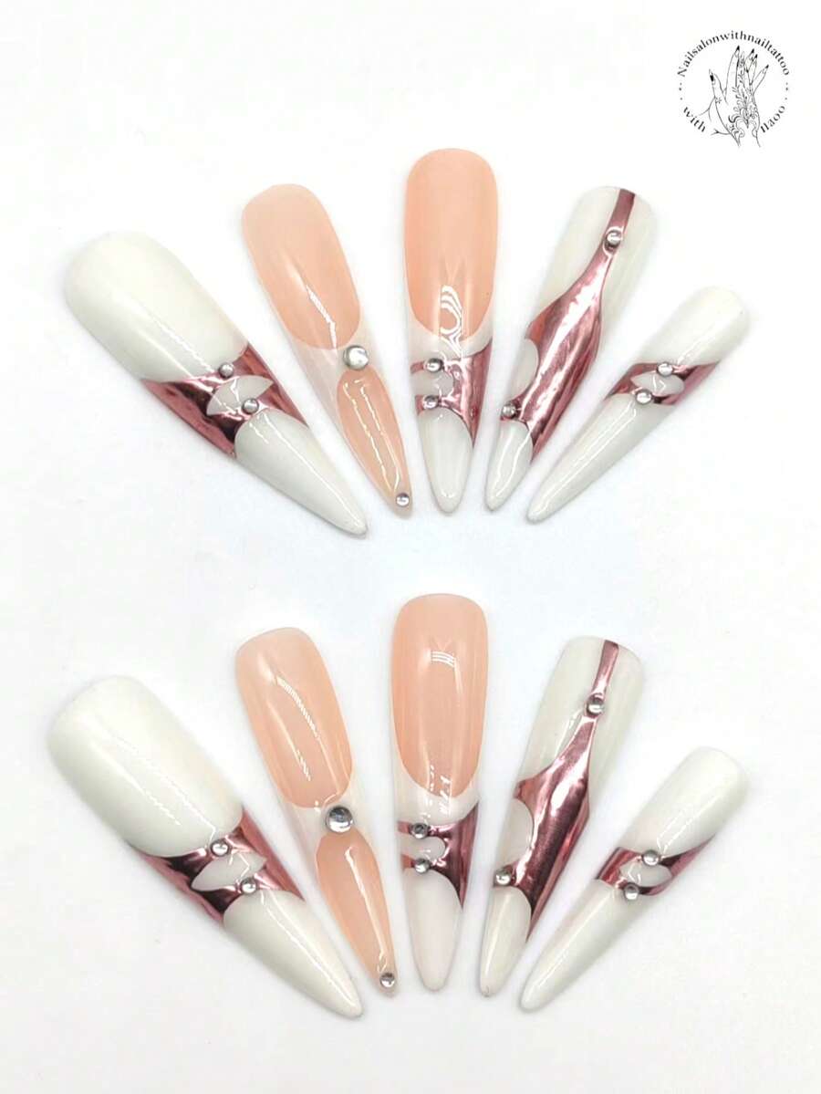 10 Pieces Of Pure Hand-Pressed Wearable Nail, 53mm Long Thin High-Heeled Nail, Pointed Nail, Beige Nail, Flesh-Colored Nail, Rose Gold Coloring, Rhinestone Embellishment. Cute Nail Film. Fake Nail Film. Nails - Multicolor - View 1