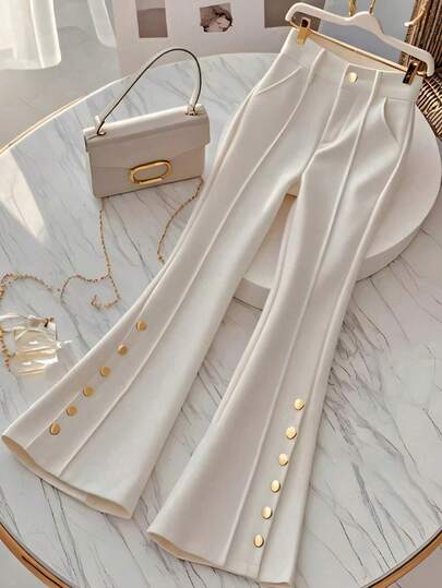 Women's Summer Solid Color Versatile Daily Commute Slimming High Waist Flared Pants With Button Zipper Gold Button Decoration Spring