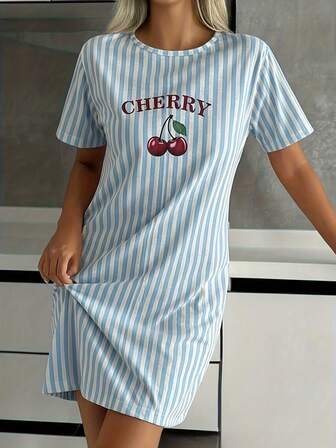 Women's Cherry Print Nightgown - Casual Short Sleeve Round Neck Sleepwear, Adorned With Red Cherry And Sakura Floral Patterns, Lightweight Striped, Comfortable Pajamas, Playful Design, Soft Fabric