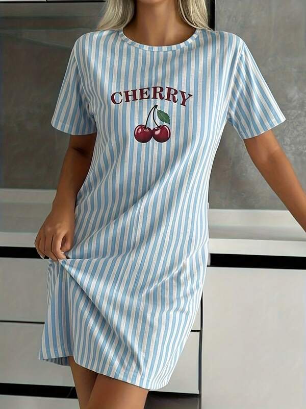 Women'S Cherry Print Dress - Casual Short Sleeve Round Neck Sleepwear With Red Cherry & Cherry Blossom Design, Light & Striped, Cherry Dress, Comfortable Sleepwear, Playful Design, Soft Fabric