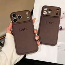 Luxury Letter Elements PU Leather 1 Pc Customized Personalized Name Brown Phone Case Compatible With IPhone 13 14 15 16 17 Pro Max Plus 17 Air 3D DIY Engraved Letters Initials Name Shockproof Case Festival Gifts For Couple Friends Family Yourself Travel Organizer Birthday Anniversary Gift - Brown - View 3