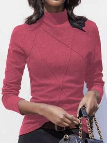 Women's Semi-High Neck Thermal Lined Base Layer Top, Autumn/Winter Patchwork Fishbone Line Design - Coral Pink - View 3