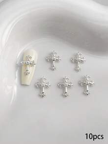 10 piezas de adornos de uñas de cruz 3D de perlas falsas en dorado y plateado, suministros de uñas de estilo retro punk Y2K con metales brillantes, gemas de rhinestones para decoración de uñas, adecuados para accesorios DIY multifuncionales - Multicolor - Ver 7