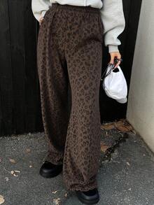 Livesso 女士豹纹荷叶边阔腿裤 豹纹裤 动物纹裤 猎豹纹裤 豹纹裤 棕色豹纹裤 秋季 - 棕色 - 查看 2