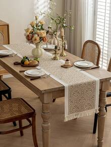 1pc Rectangular Polyester Table Runner With Colorful Tassel Fringe Decor, Kitchen/Living Room Home Decor - Coffee Brown - View 5