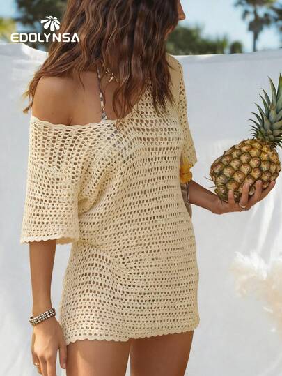 Sexy Knit V Neck Half-Sleeve Hollow Out Summer Beach Vacation Mini Dress Swimwear Cover Up (Without Belt)