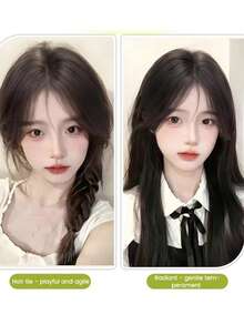 Synthesis Wig Middle-Part Bangs Hair Extensions Clip In Forehead Natural Seamless French Oblique Bangs Eight-Character Bangs Perfect Suitable For Women's Daily Wear And Gatherings - 彩色 - 查看 8