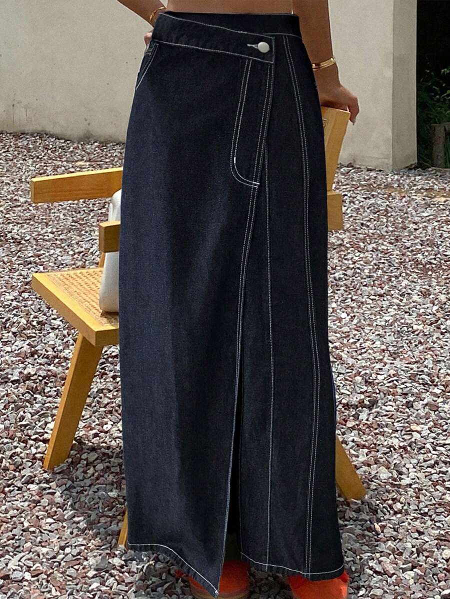 Livesso 女士休闲简约纽扣牛仔A字裙 长款牛仔裙 裹身牛仔裙 裹身牛仔裙 裹身长裙 - 藍色 - 查看 1