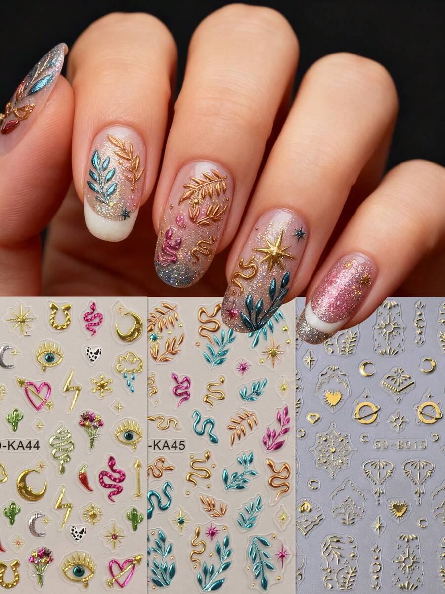 3 Peças de Adesivos de Arte de Unhas com Relevo de Estampa a Quente com Totem de Estrela e Lua - Estrela Retrô Misteriosa, Lua, Cobra, Folha, Coração, Olho do Diabo, Padrão de Luxo Retrô, Design de Arte DIY Pendurado, Adequado para Uso Diário, Casamento, Festa, Feriado, Adesivos de Unhas Descartáveis, Estilo de Tema de Luxo Simples e Leve, Fácil de Colar, Decoração de Salão de Beleza
