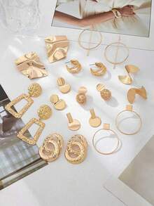 Set de 10 piezas de aretes geométricos dorados de estilo europeo y americano, surtido aleatorio - Amarillo Oro - Ver 3