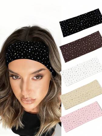 5pcs Women's Casual Soft Absorbent Rhinestone Knitted Ribbed Sports Headbands, Suitable For Indoor Fitness, Outdoor Sports, Outfit Matching, Decoration, Versatile For Any Occasion Fashion Hair Bands Winter Hair Accessories