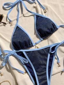 Women's Sexy Backless Contrast Binding Halter Split Bikini Set, Beach Holiday Style - Blue - View 10