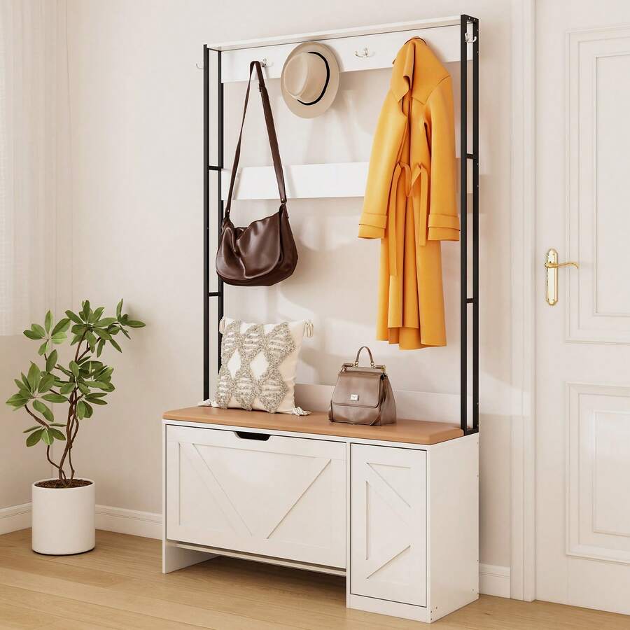 RsnuLpocy 3-In-1 Porch Rack With Multifunctional Hooks, Soft Cushioned Shoe Bench With Flip-Top Drawer Shoe Cabinet, Boot Compartment Shoe Cabinet, Adjustable Shelves, Bottom Storage, Suitable For Entryway/Porch/Hallway, 31.5"*15.7"*66.9", 185 Lbs - Đế màu trắng với màu vân gỗ - Xem 1