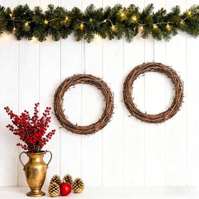 2-Pack 40cm/15.75in Tucson DIY Christmas Wreath Wicker Wreath For Christmas, Wedding, Valentine's Day, Mantel, Door, Window, Wall, Holiday Party Decoration Base Wreath, Christmas Gift