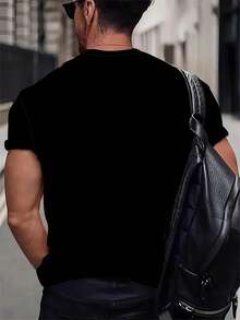Plus Size Men Street Style Black Base Vertical Orange Green Ombre Distressed Texture Letter Print Short Sleeve T-Shirt, Niche Loose Comfortable Plus Size Casual Top Summer Sports - Black - View 2