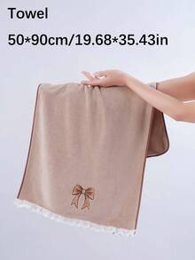 3条装珊瑚绒吸水刺绣星空蝴蝶结装饰柔软纤维浴巾/手巾，时尚爆款设计，适用于浴室、酒店、健身房、旅行、礼品、沙龙、运动、户外、海滩、学校、返校季、旅行配件、家居用品 - 卡其色 - 查看 8