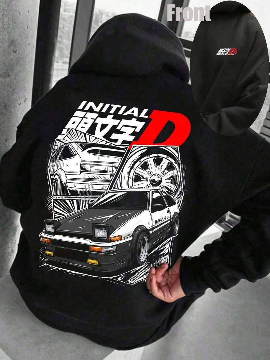 Men's Drifting Car And Japanese Anime Patterned Hooded Sweatshirt With Plush Print On The Back, Loose Fit With Racing Design, Casual Winter Pullover For Racing Enthusiasts (Machine Washable) Men's Hooded Sweatshirt - Black - View 1