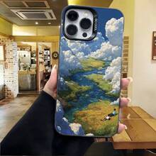 Cubierta de telefono con diseño de paisaje natural azul y verde con nubes y rios para iPhone 14 Pro Max estilo artístico ideal para uso diario en cafeterias y salones - Negro - Ver 4
