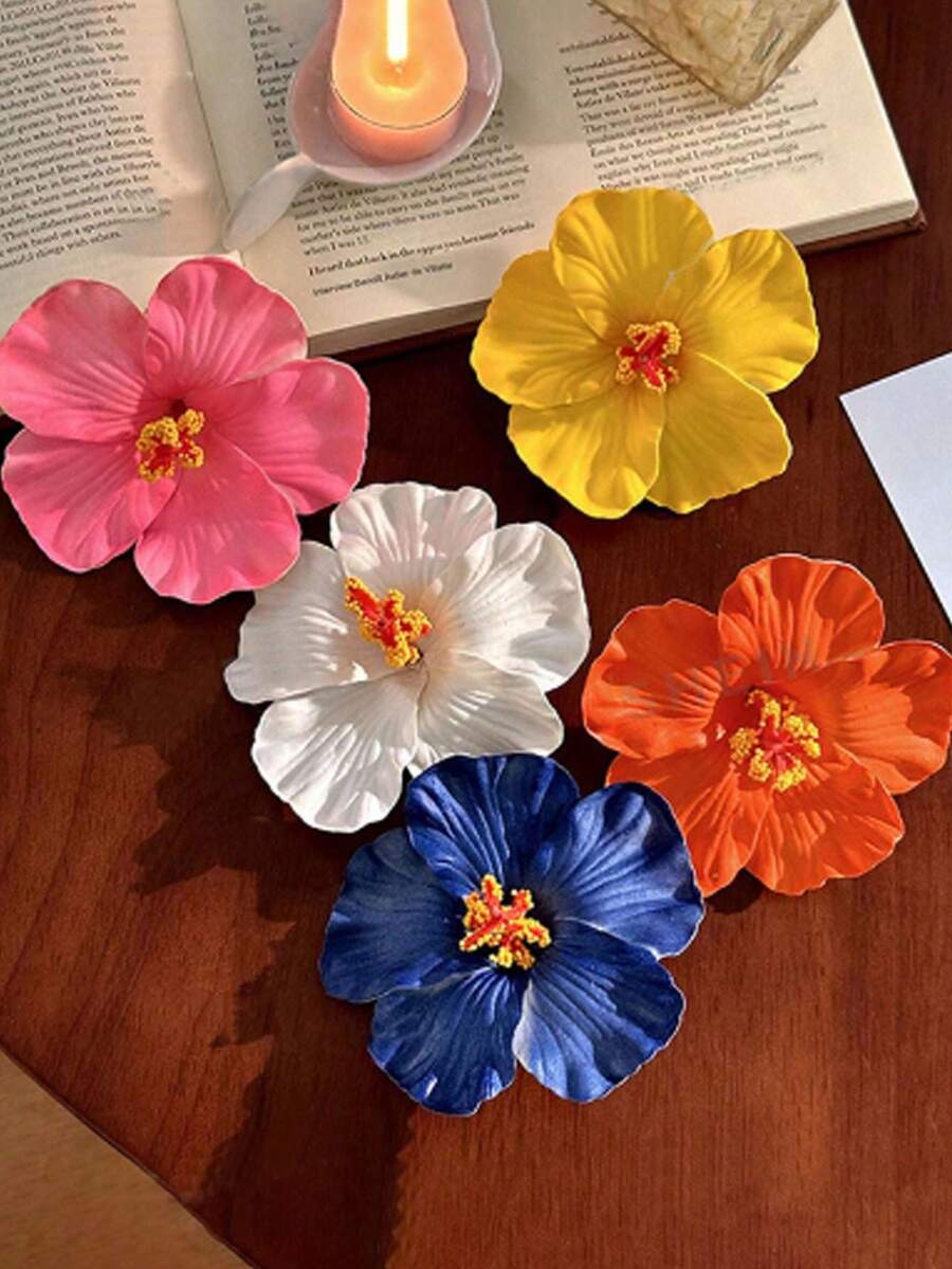 5个/1个 女士粉色黄色白色橙色蓝色7.5厘米/2.95英寸扎染仿花发夹，时尚百搭高端优雅简约纯色侧夹发饰，适合日常外出、休闲、派对、通勤、度假、马尾辫、发髻、洗脸、化妆、服装搭配、爪夹、发夹、发卡、情人节配饰、头部配饰、春季、发卡