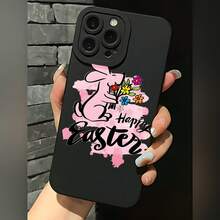 2026 nueva funda de teléfono mate, funda de teléfono conejo de Pascua con flores y texto de Feliz Pascua para  17 14 Pro Max  17 13  17 12  Galaxy S23 S22 S21 protector de teléfono funda de pareja regalo para novio novia regalo de vacaciones - Negro - Ver 1