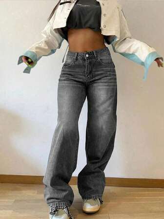 Women's Vintage Casual Elastic Waist Loose Straight Leg Jeans
