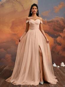 VIPGIRL 杏色露肩腰部设计网纱开衩长款正式晚礼服 - 杏色 - 查看 3