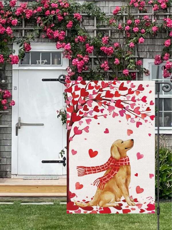 1 Piece/Valentine's Day Happy Garden Flag Golden Retriever Love Tree 30.48 X 45.72 Cm Double Sided Welcome Small Coarse Linen Spring Holiday Courtyard Outdoor Home Decoration [Flags Only]