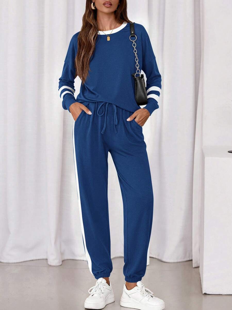 PRETTYGARDEN Women Fall 2 Piece Lounge Outfit Long Sleeve Tops High Waisted Jogger Pants Set Spring Travel Clothes Tracksuit New Years Valentine Vacation Outfit For Women - 深藍 - 查看 1