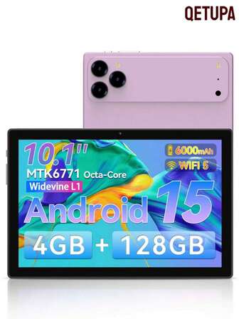 Qetupa Tablet Android, Android 15 10 Inch Tablets, Octa-Core Tablet, 4GB RAM, 128GB ROM, 1TB Extended, 6000mAh, 1280x800 High Definition Touchscreen, 5 Million Pixels + 13Million Pixels, WiFi, Dual Cameras 802.11ac Wi-Fi 5, BT 5.2, 2MP+5MP Dual Camera