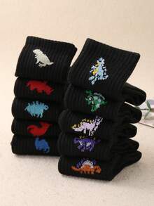 10 Pairs Kids Dinosaur Pattern Elastic Mid-Calf Socks, Suitable For Daily Wear And Sports. Comfortable, Soft, Breathable, Moisture-Wicking. Essential Socks For Boys And Girls, Black Socks For Teenagers, Fashionable And Versatile, Great Gift Item. - Multicolor - View 2